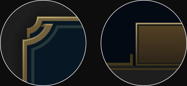 Two close crops of League of Legends panel corners: stepped gold frame with a hard notch.