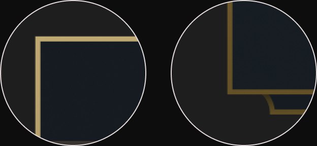 Two close crops of Wild Rift panel corners: single-weight gold line with a clipped corner and a tab.