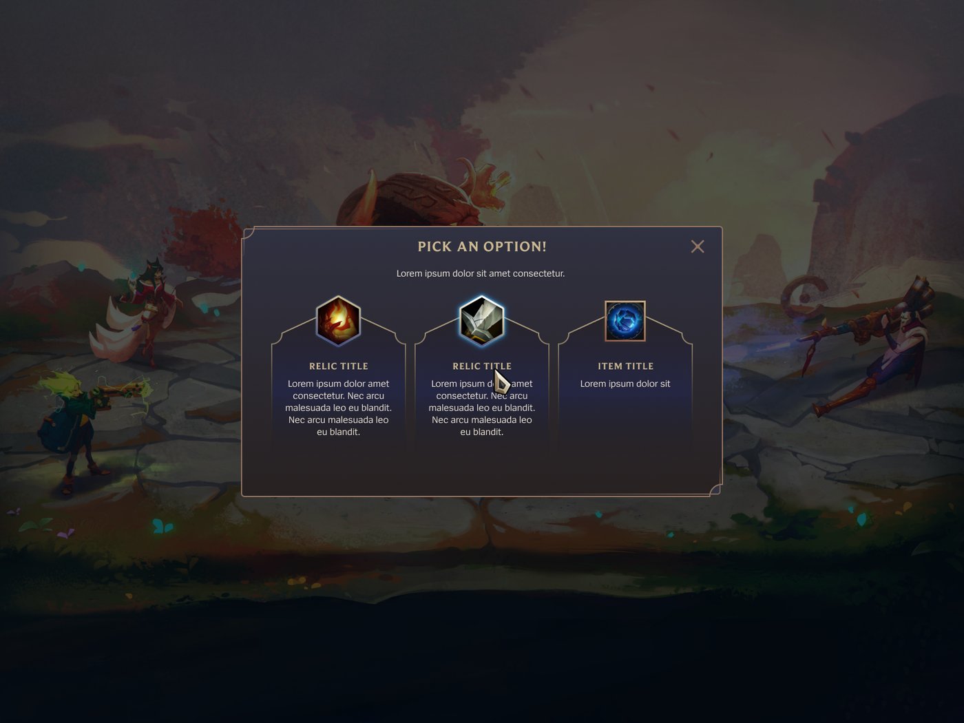 The relic picker modal over in-game concept art, with a flat panel and clean edges.