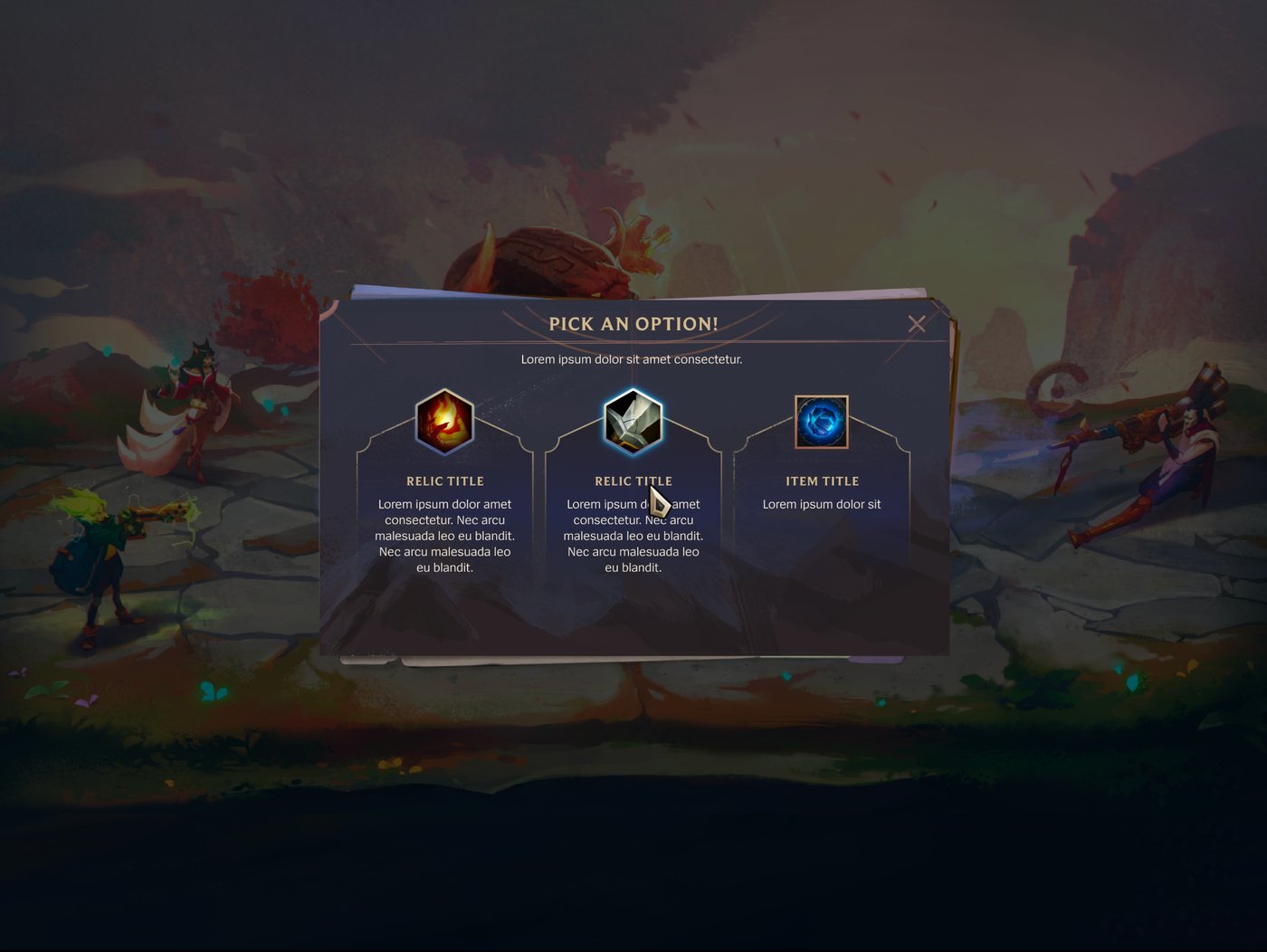 The same relic picker modal over the same concept art, now sitting on a stack of paper with a torn edge and an offset shadow.