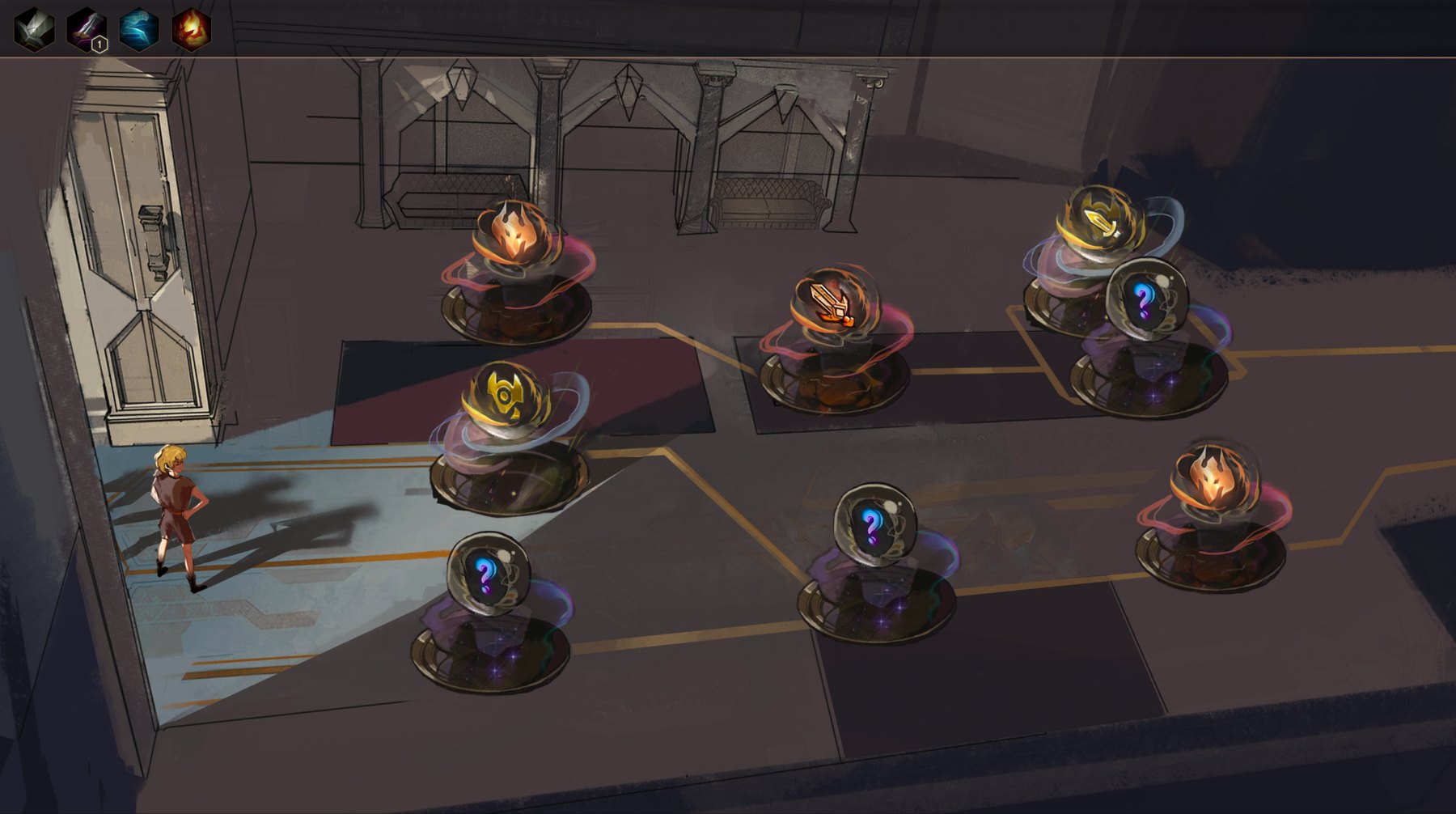Version two of the dungeon concept: an in-world isometric Piltover exterior the player team can walk around to choose a dungeon entrance.