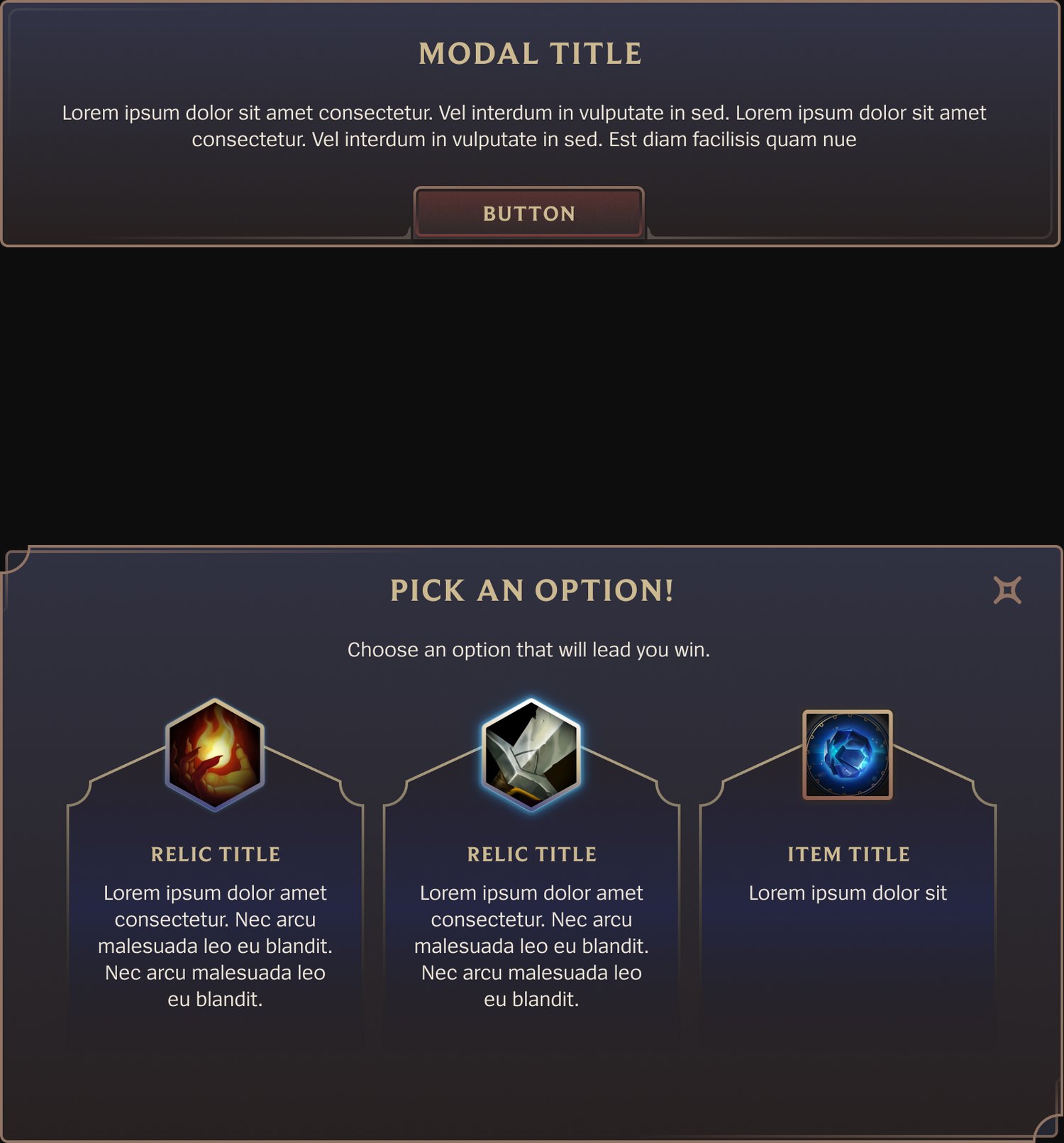 Hawthorn modal components: a titled confirmation modal with a single button, and a three-option relic picker with hexagonal icons and arched card tops.