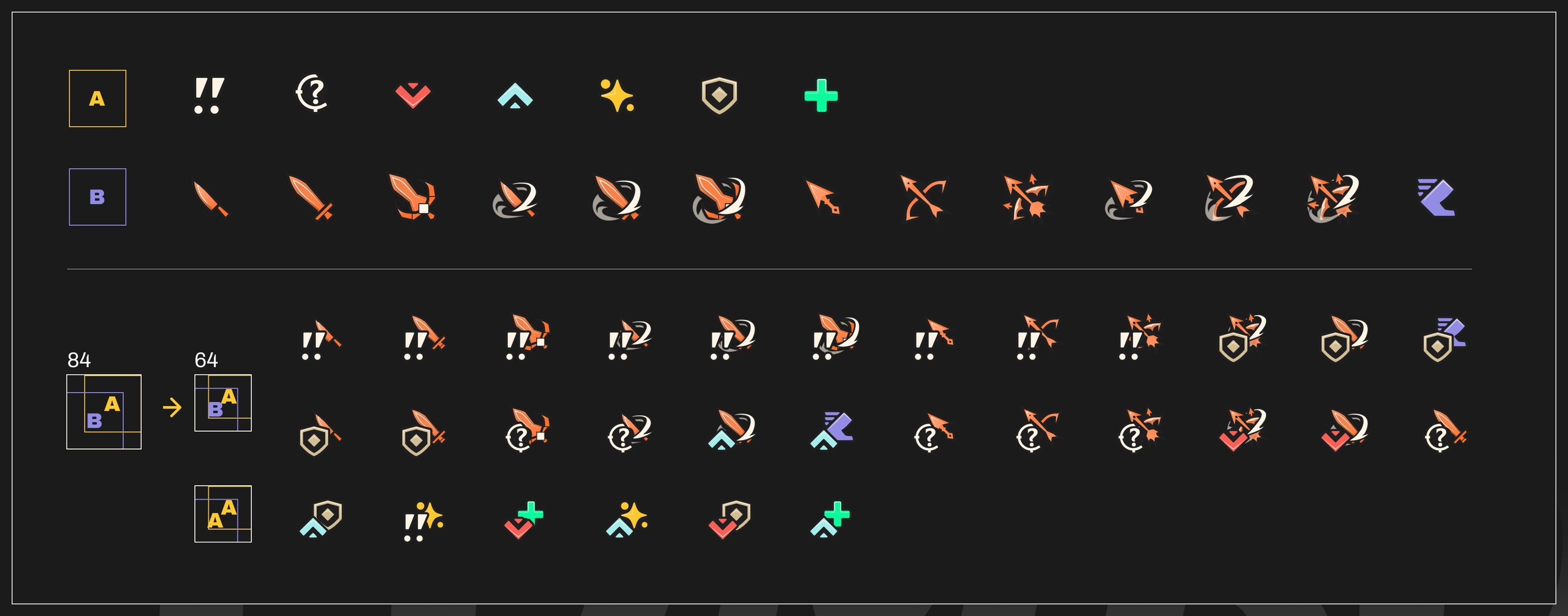 The composed intent icon system. An A row of effect glyphs (alert, wait, debuff, buff, magic, shield, heal) sits above a B row of delivery glyphs (dagger, sword, heavy, slash, ranged, bow, multi-target, move). Below a divider, a grid of A-plus-B composites each read as a single icon, and a diagram at the left shows the composite bounding box tightened from an 84 pixel frame to a 64 pixel frame.