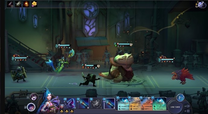 A battle screen with champions, an enemy boss, and the card hand along the bottom.
