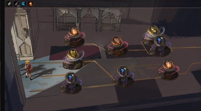 An interior dungeon room of relic pedestals, with a player character entering from the left.