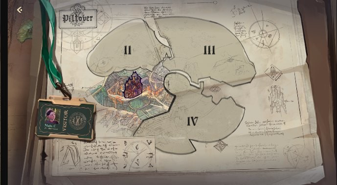 A Piltover region map, drawn as an annotated paper plan with a visitor pass clipped to it.