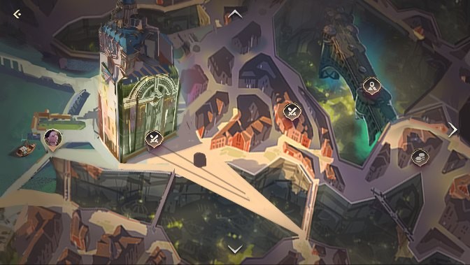 The isometric region world, with entrance markers over key buildings.