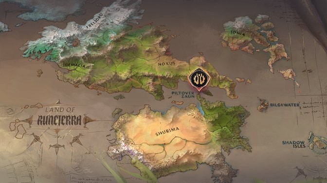 The painted Runeterra world map, with region labels and a lit waypoint marker over Piltover and Zaun.