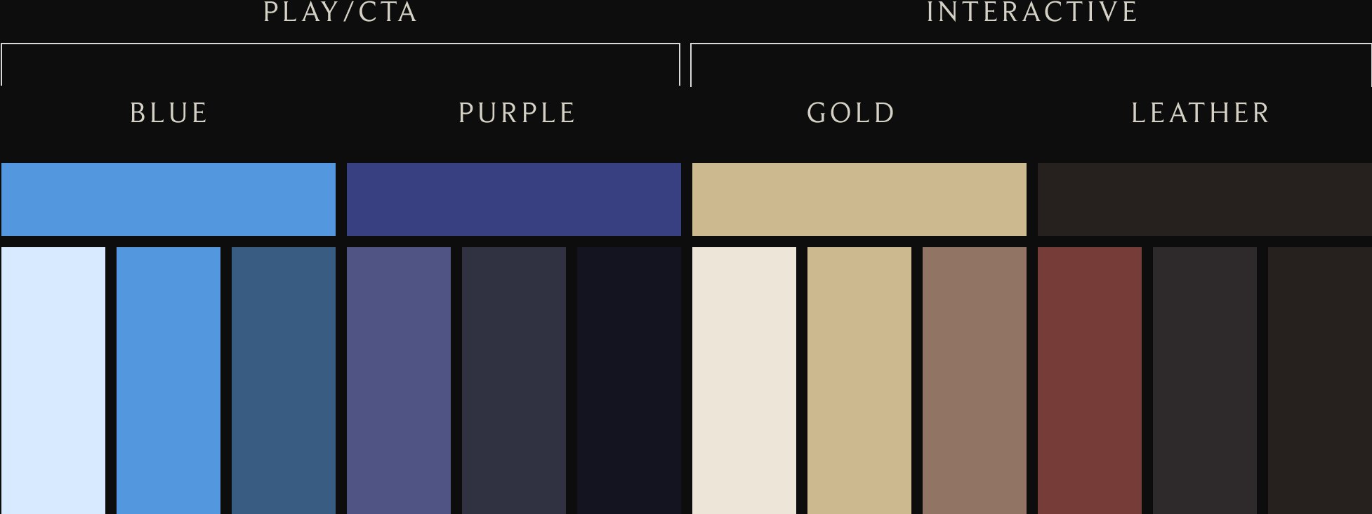 Hawthorn color system: PLAY/CTA group in blue and purple, INTERACTIVE group in gold and leather, each with a tint and shade ramp.