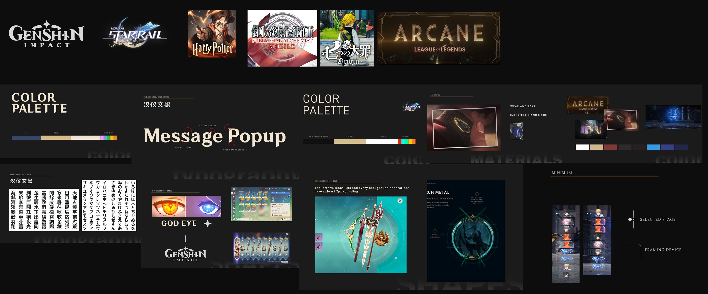 Competitor style research board: Genshin Impact, Honkai Star Rail, Harry Potter Mobile, Fullmetal Alchemist Mobile, Seven Deadly Sins and Arcane, broken down by color palette, typography, materials and shape.