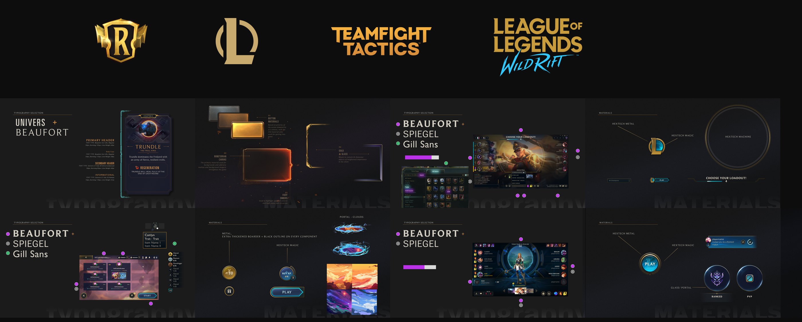 League studio style research board: Legends of Runeterra, League of Legends, Teamfight Tactics and Wild Rift, broken down by typography selection, materials and hextech treatment.