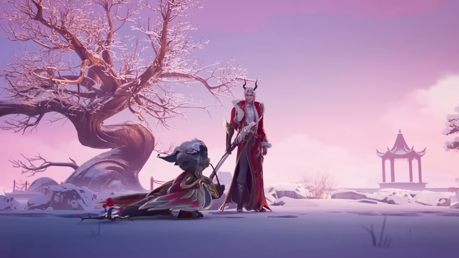Two figures crossing the snow toward a bare tree