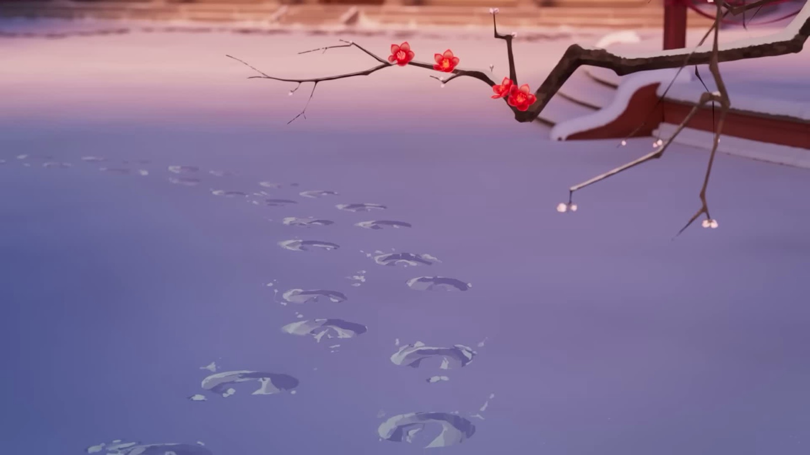 Footprints in the snow leading to a branch of red plum blossom