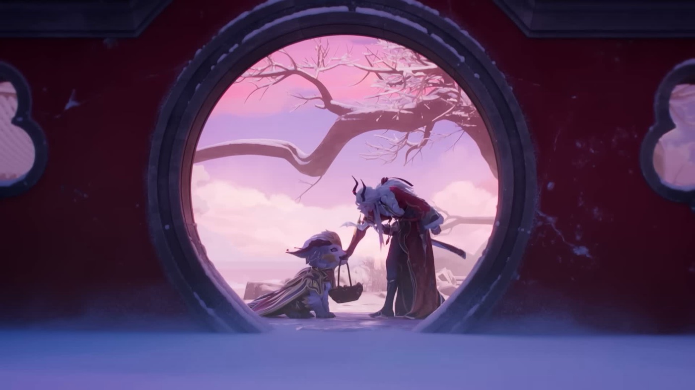 A moon gate framing two figures in the snow