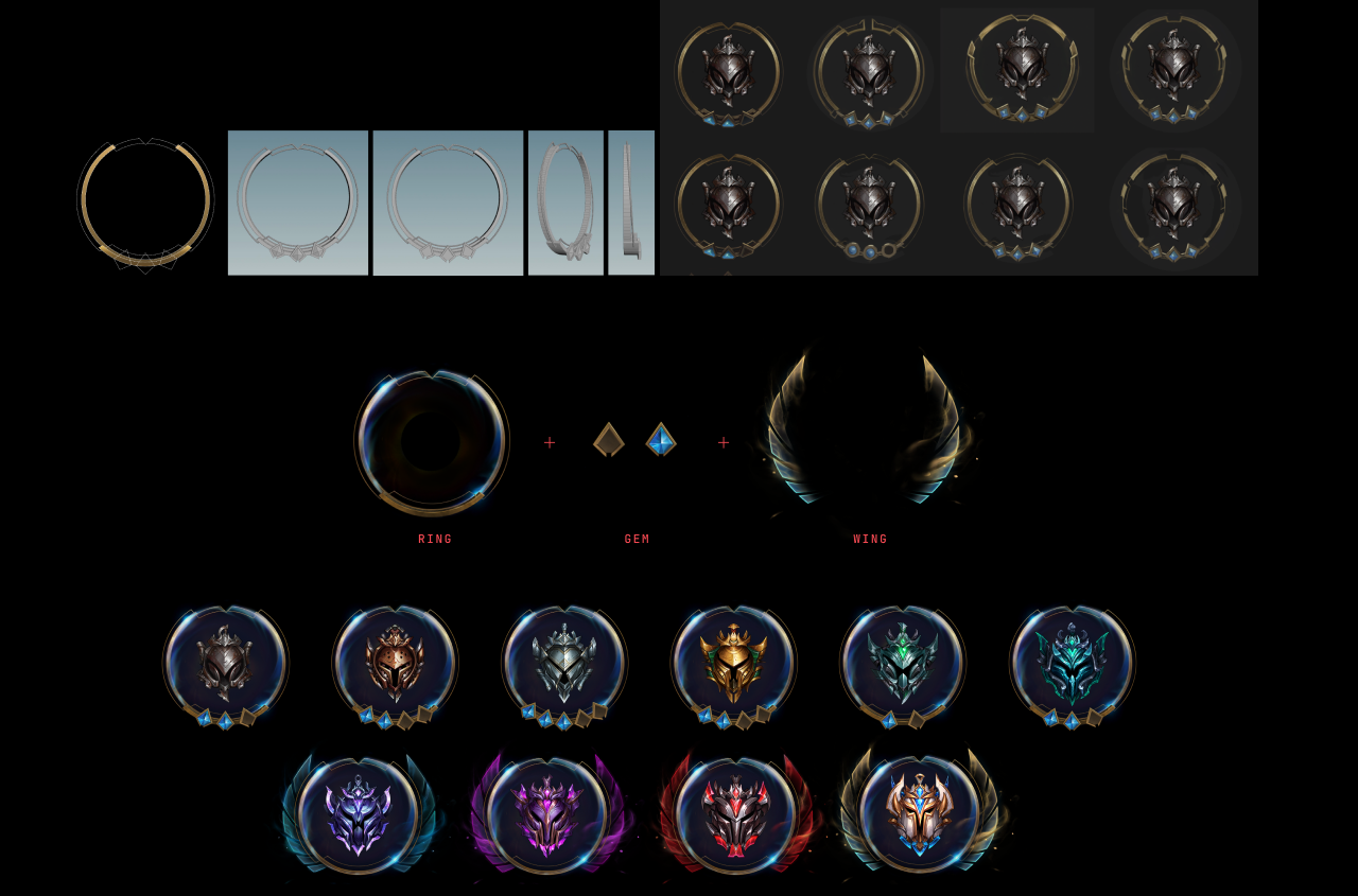 V2 modular rank kit — ring, gem, wing assemble into ten tiers
