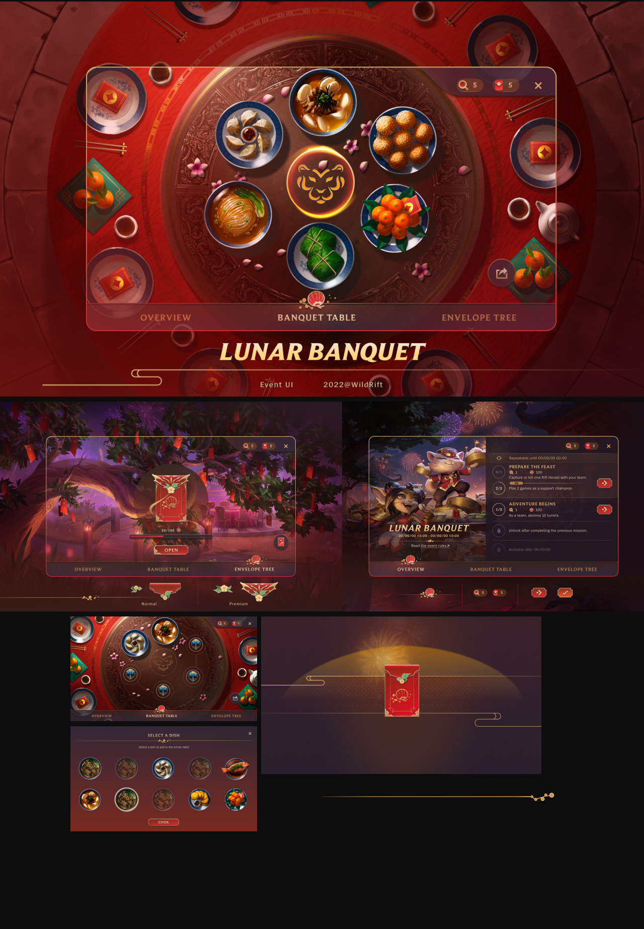 Lunar Banquet event design — banquet-table hero with festive dishes, in-game reunion scenes, and the red-envelope reward UI.