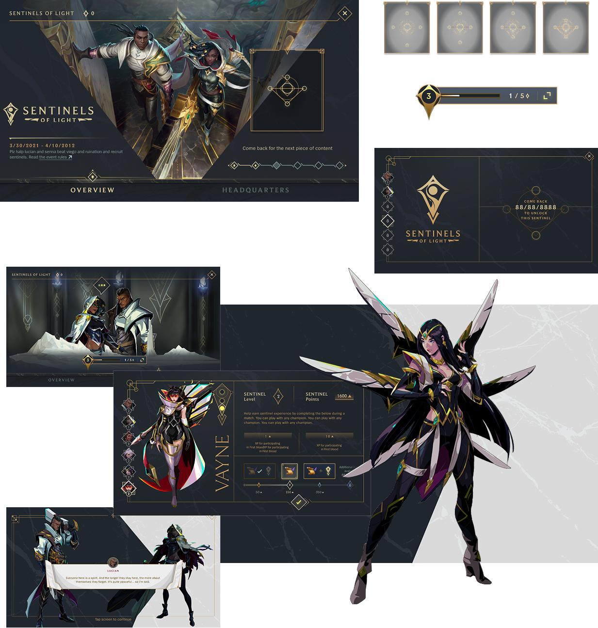 Sentinels of Light event design — headquarters overview screen, mission and reward UI, and Vayne champion art comped beside the interface.