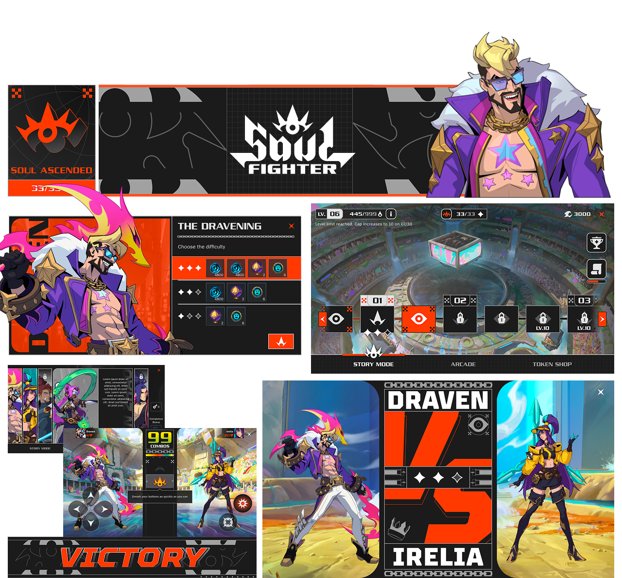 Soul Fighter event design — Soul Ascended banner, The Dravening difficulty menu, arcade story map, and the Draven versus Irelia screen.