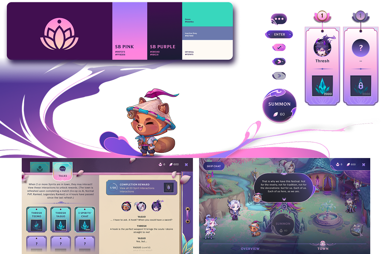 Spirit Blossom event design — colour system, spirit character art, gift and summon UI, and the storybook dialogue scene.