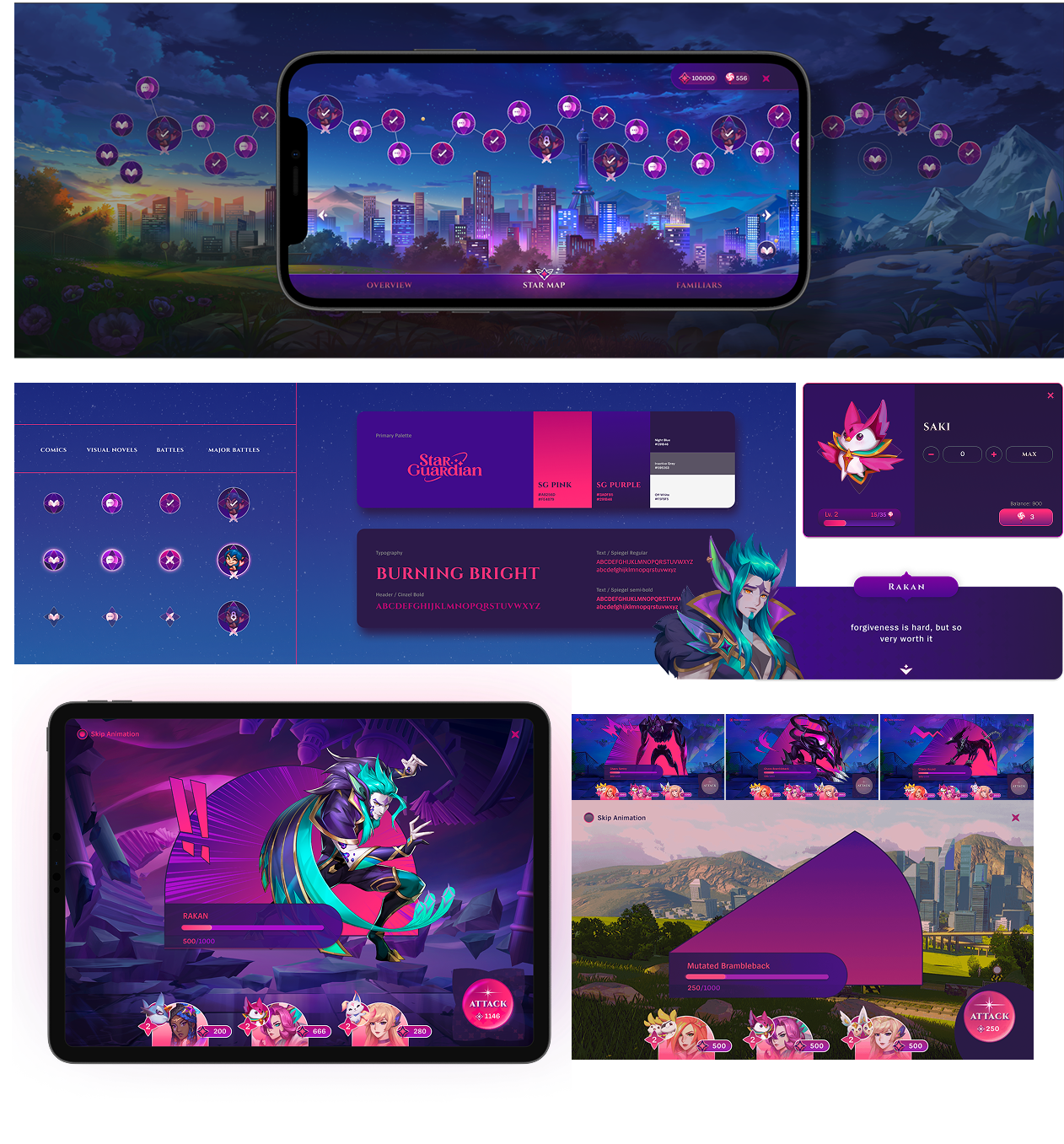 Star Guardians event design — star-map hero framed in a device, Burning Bright store, champion panels, and the Forest Reformation map.