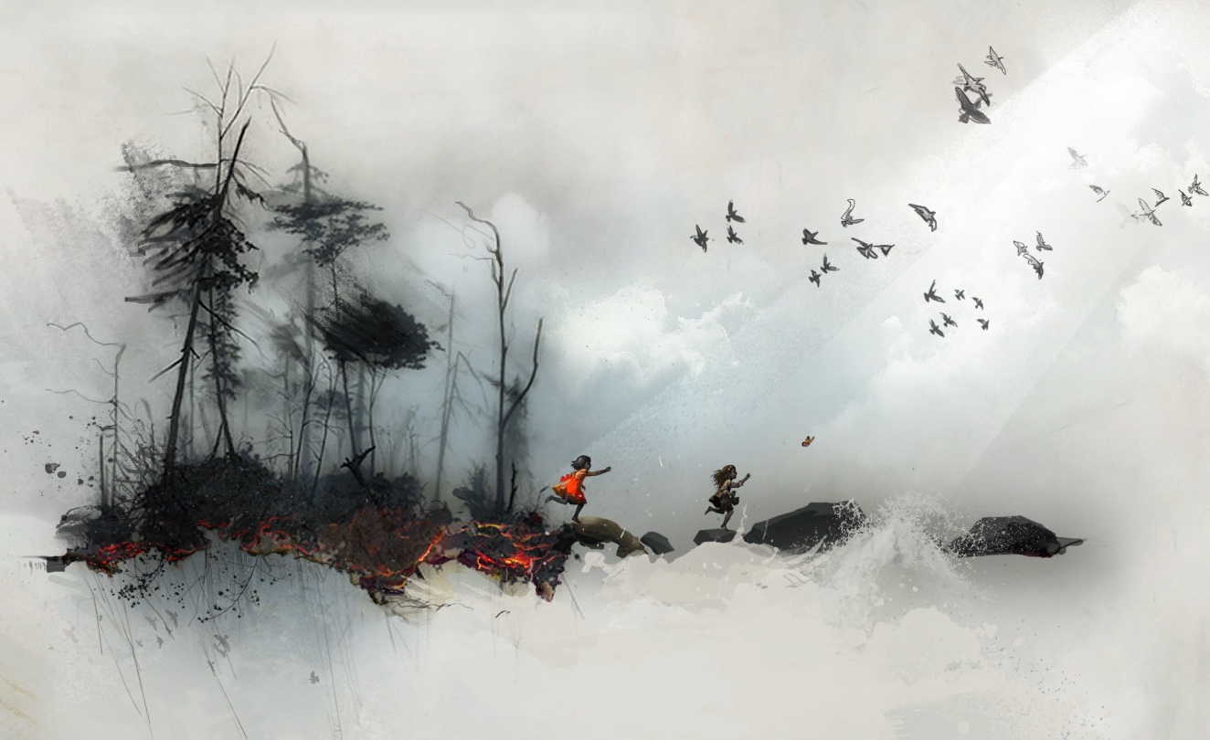 Cinematic concept frame, ink and watercolor
