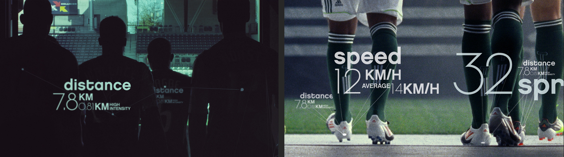 Adidas miCoach commercial — distance readout over players in a tunnel, left half of a wide frame