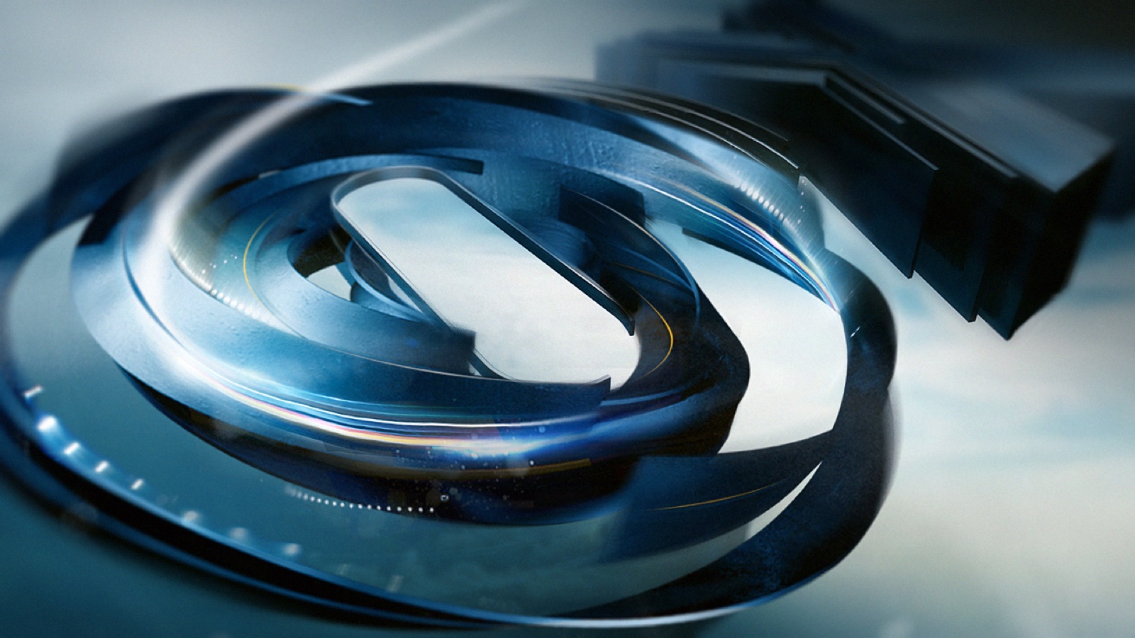 Fox Sports broadcast package — brushed metal ring forming in blue light