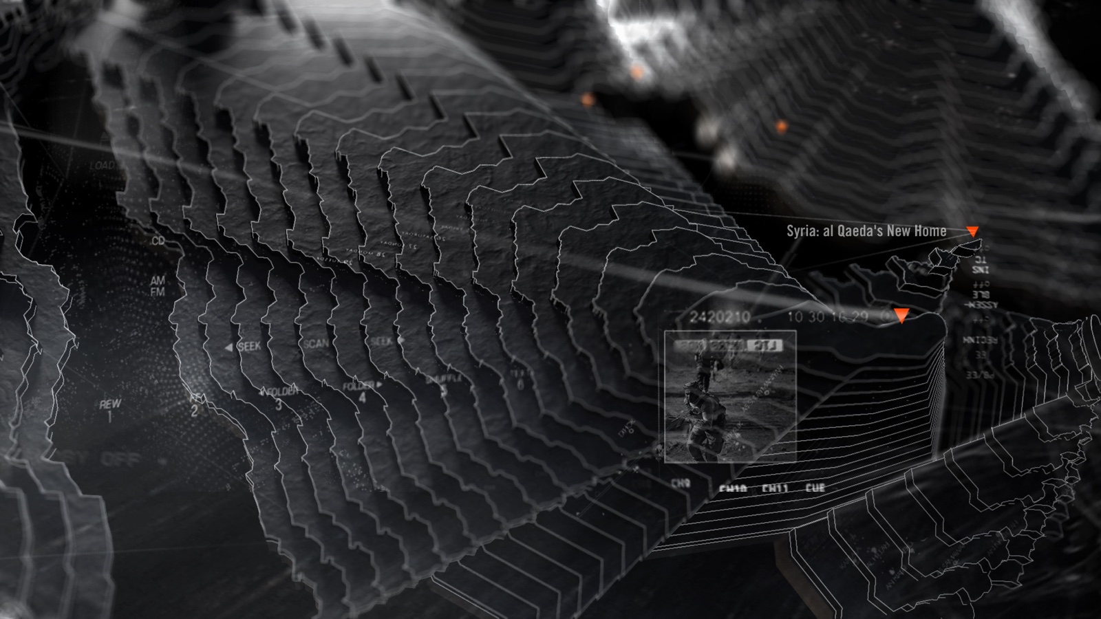 Vice broadcast package — wireframe terrain grid with data callouts