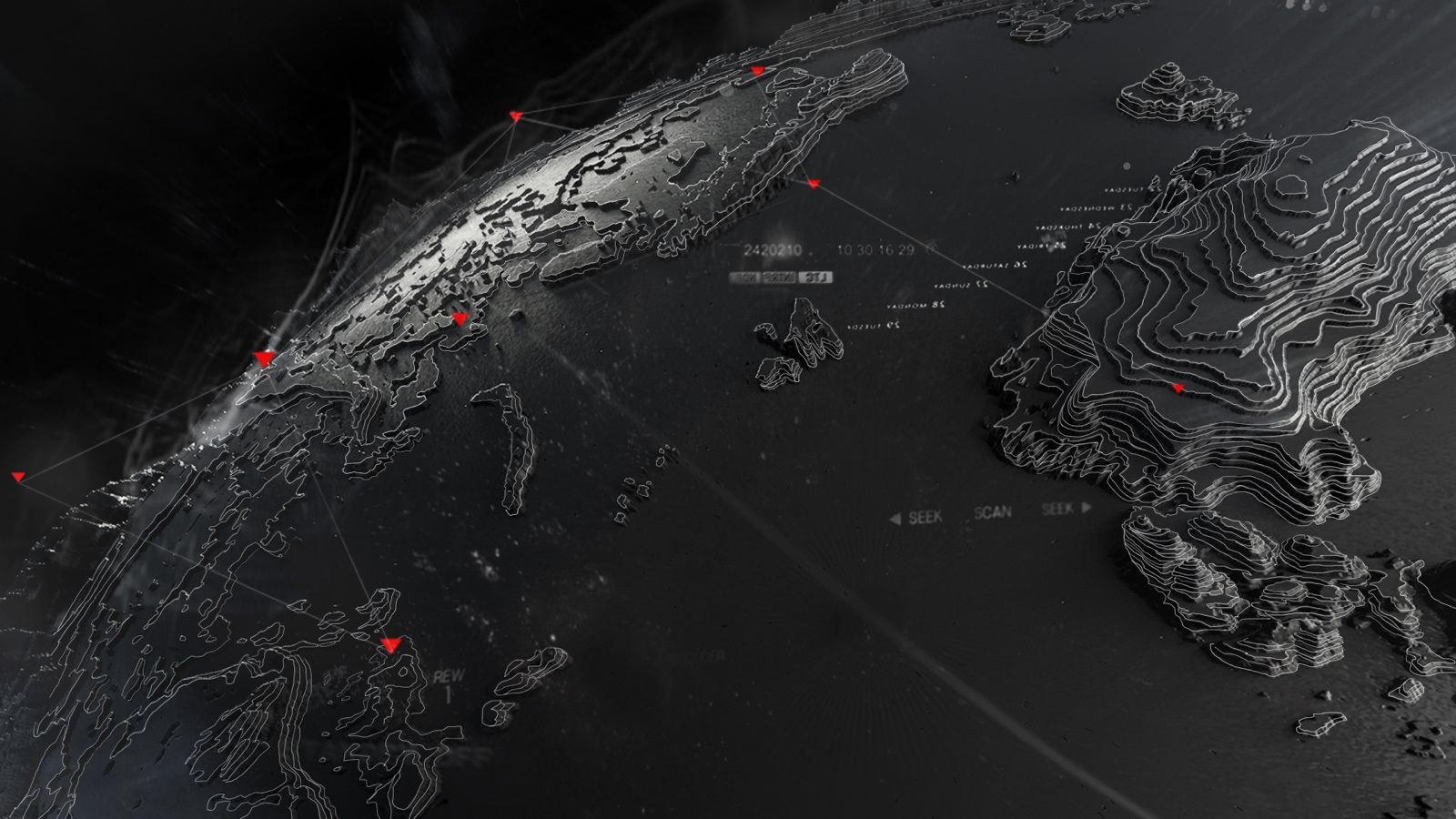 Vice broadcast package — contour-mapped coastline with location pins