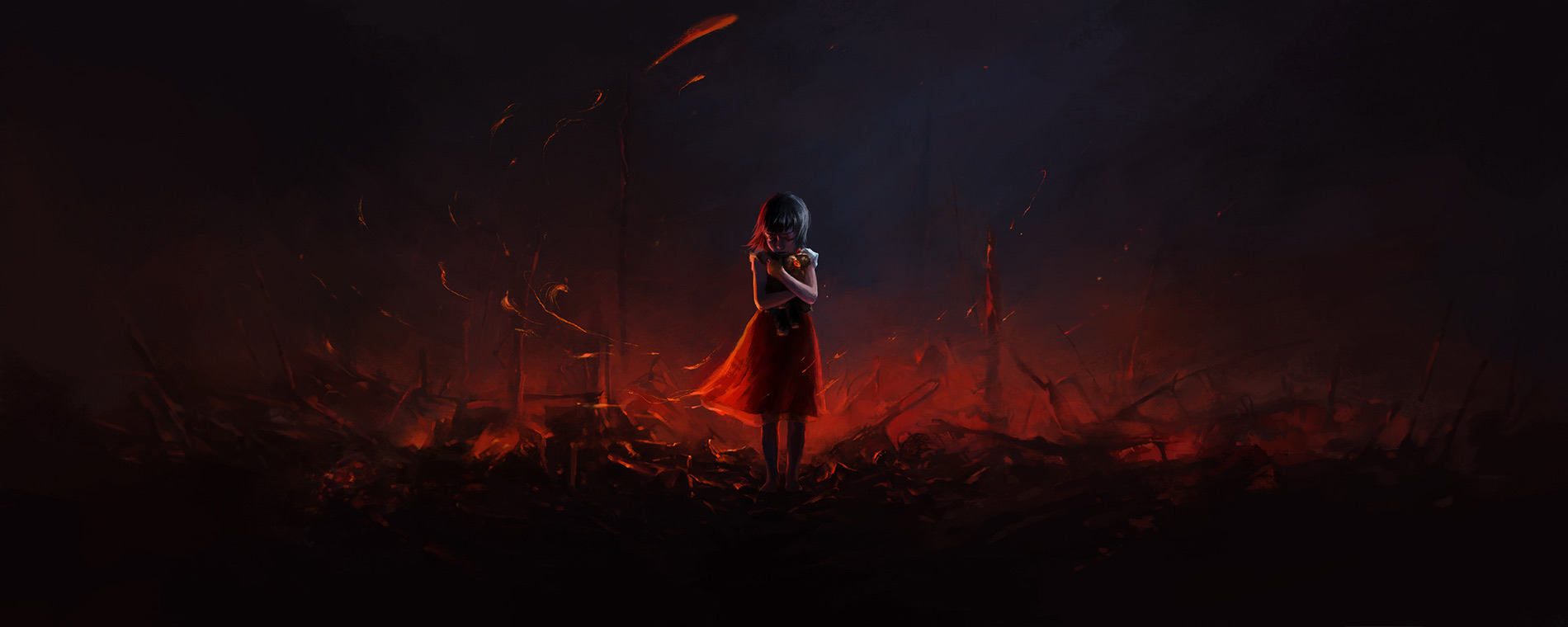 Annie: Origin — Annie alone in a red dress on a burning field