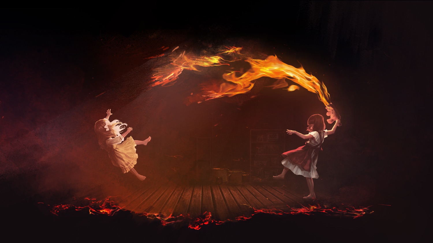 Annie: Origin — two figures joined by an arc of fire across a wooden floor