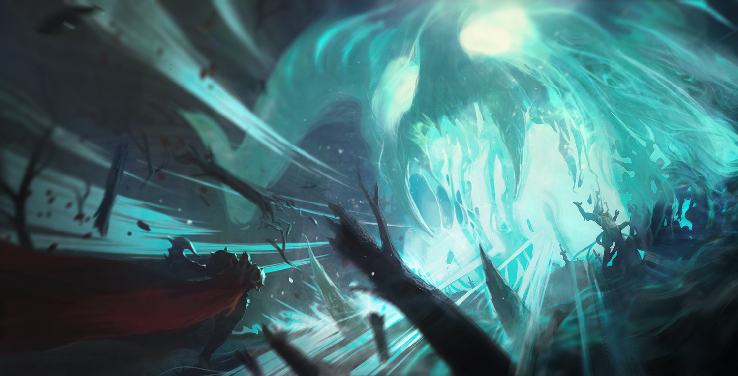 League of Runeterra launch promo — look development frame, a lone figure before a glowing teal mass
