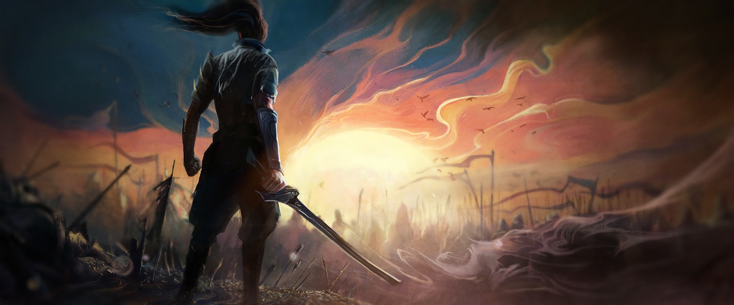 League of Runeterra launch promo — Yasuo standing on a battlefield at sunset