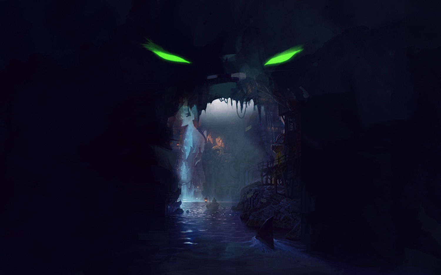 Bilgewater cinematic — two vast green eyes above a flooded cavern