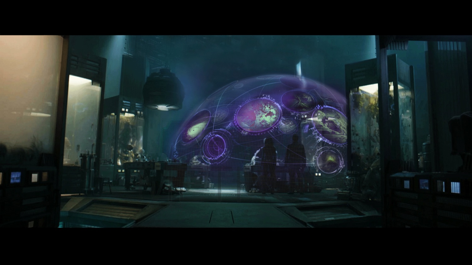 Guardians of the Galaxy — a glowing dome inside a dark hangar