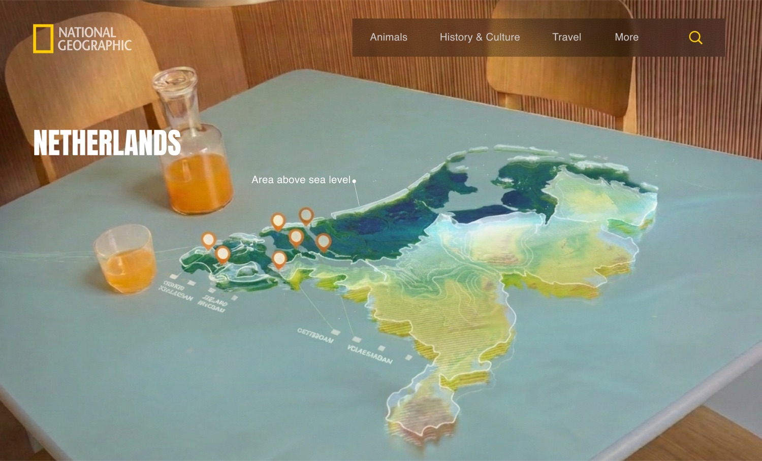 National Geographic AR concept — a three-dimensional elevation map of the Netherlands projected onto a table