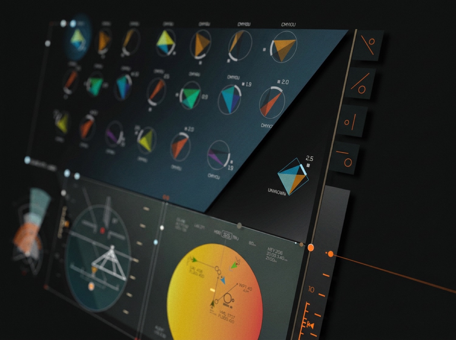 RoboCop screen graphics — angled control surface of colored gauges