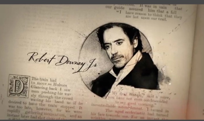 Sherlock Holmes: A Game of Shadows — title card set as an engraved book page