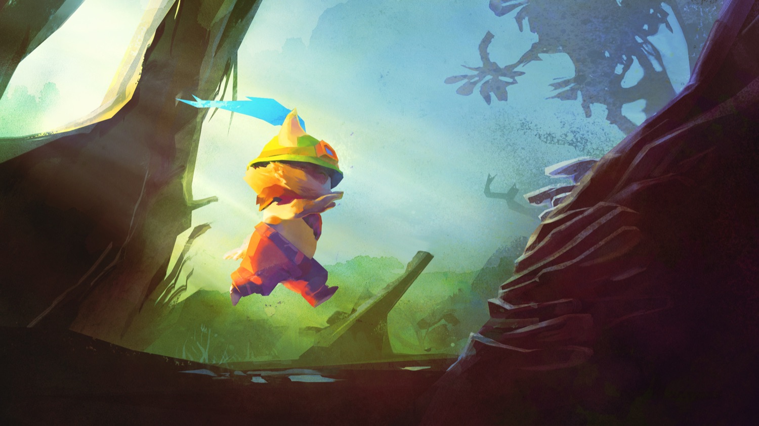 Tapio cinematic — a small bright figure in the mouth of a cave