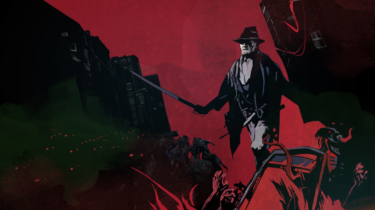 Illustrated title frame — a figure in a top hat against flat red and green