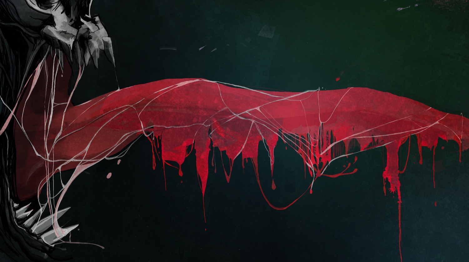 Illustrated title frame — a clawed creature over a dripping red mass