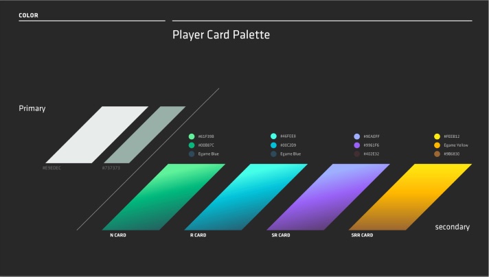 Egame player card palette: N, R, SR, SSR gradient sets from green to gold.