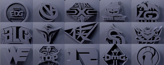 Grid of esports team crests in the Egame monochrome treatment.