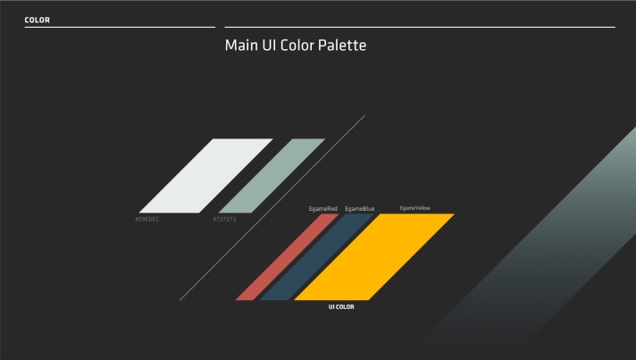 Egame main UI color palette: greys, yellow, and dark values.