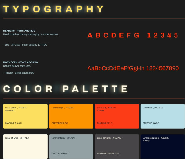 Lunar Beast visual guide: Archivo typography rules and the full color palette with Pantone references.