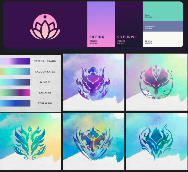 Spirit Blossom palette with the lotus mark, and Dragon Mancers watercolor gradients, one per champion, with crest artwork.