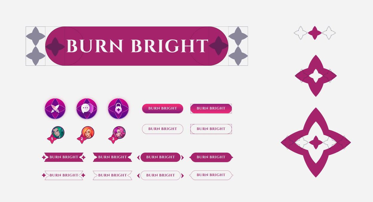 Star Guardian component sheet: Burn Bright logotype, buttons, nodes, star shapes, and champion badges.