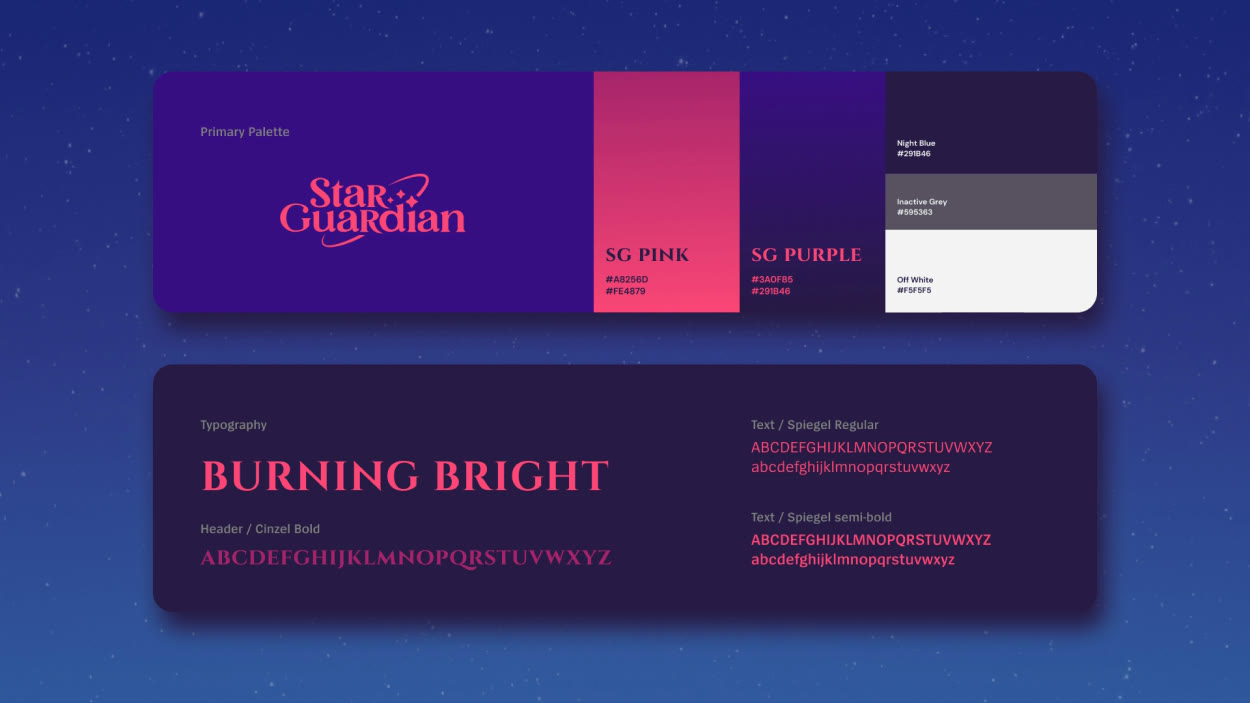 Star Guardian visual guide: primary palette, SG pink and purple, and Burning Bright typography in Cinzel and Spiegel.