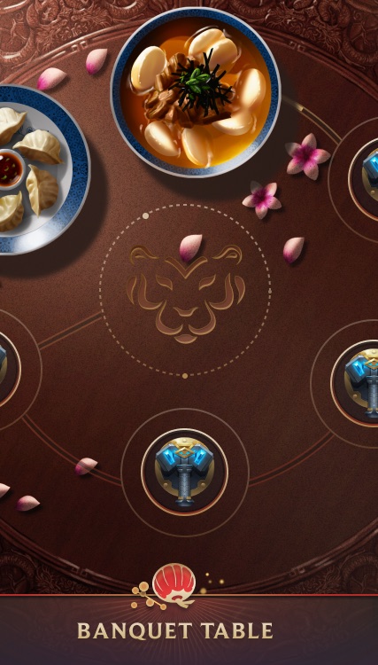 Banquet table screen: dishes and reward plates arranged on a round festival table.