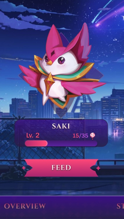 Star Guardian familiar screen: the pet Saki at level 2 above a feed button, city night sky behind.